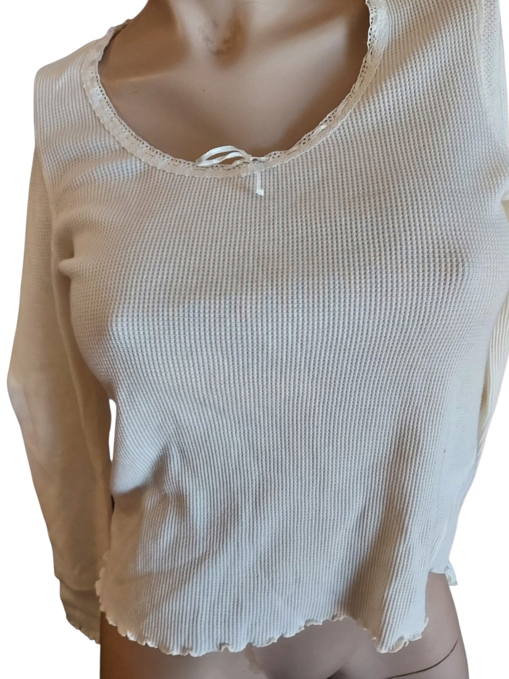 Limited Y2K Waffle Knit Top Size L Thermal Lace Ribbon Lettuce Hem Made in USA
